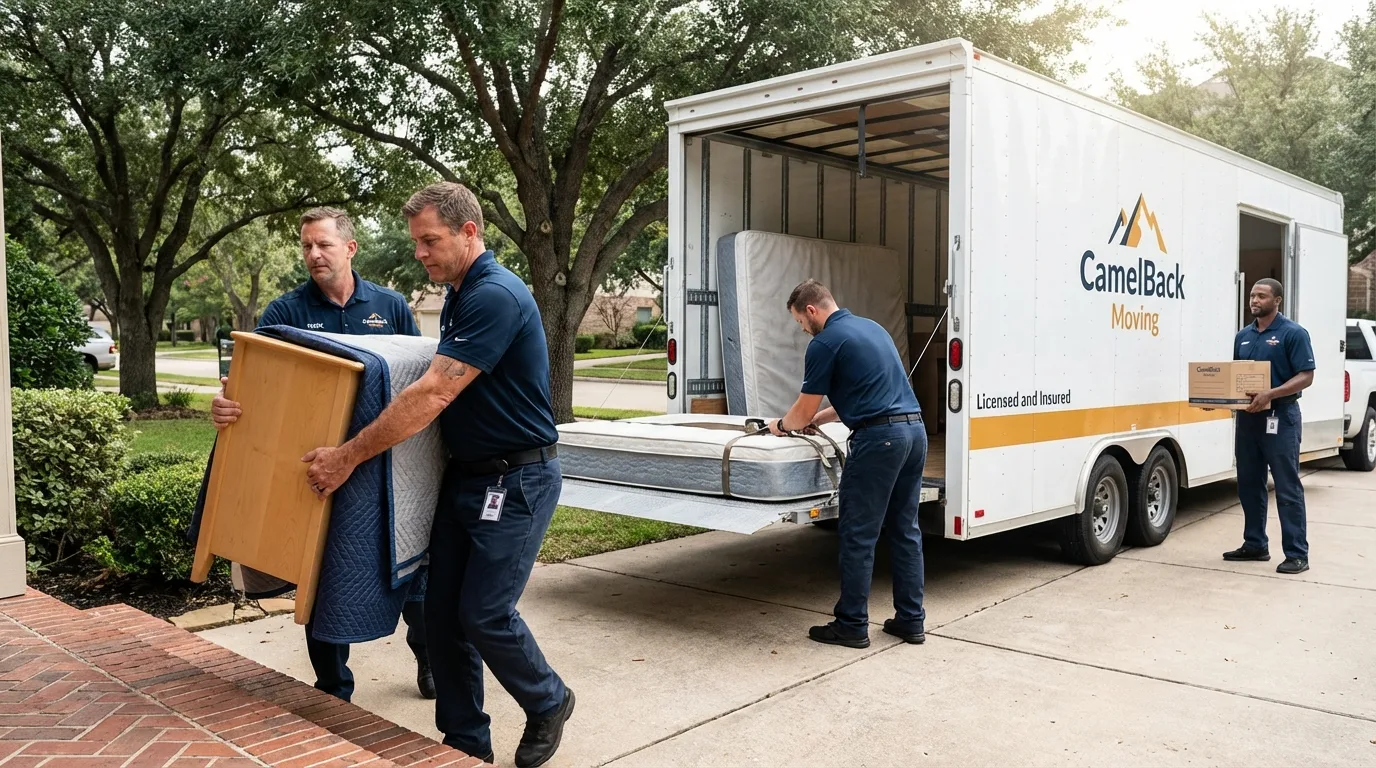 Crew loading residential truck for cross-state move from Sleepy Eye, MN