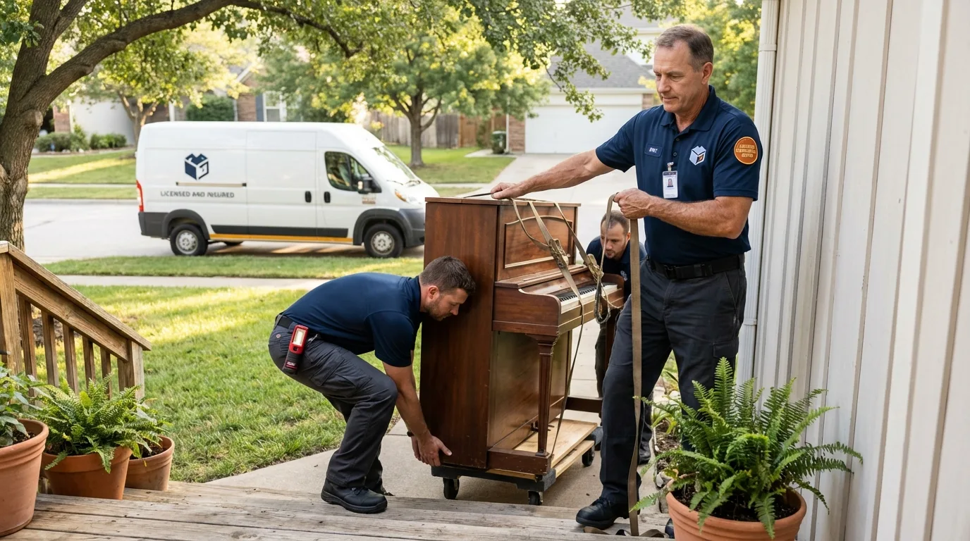 Licensed piano movers securing grand piano in Sleepy Eye, MN