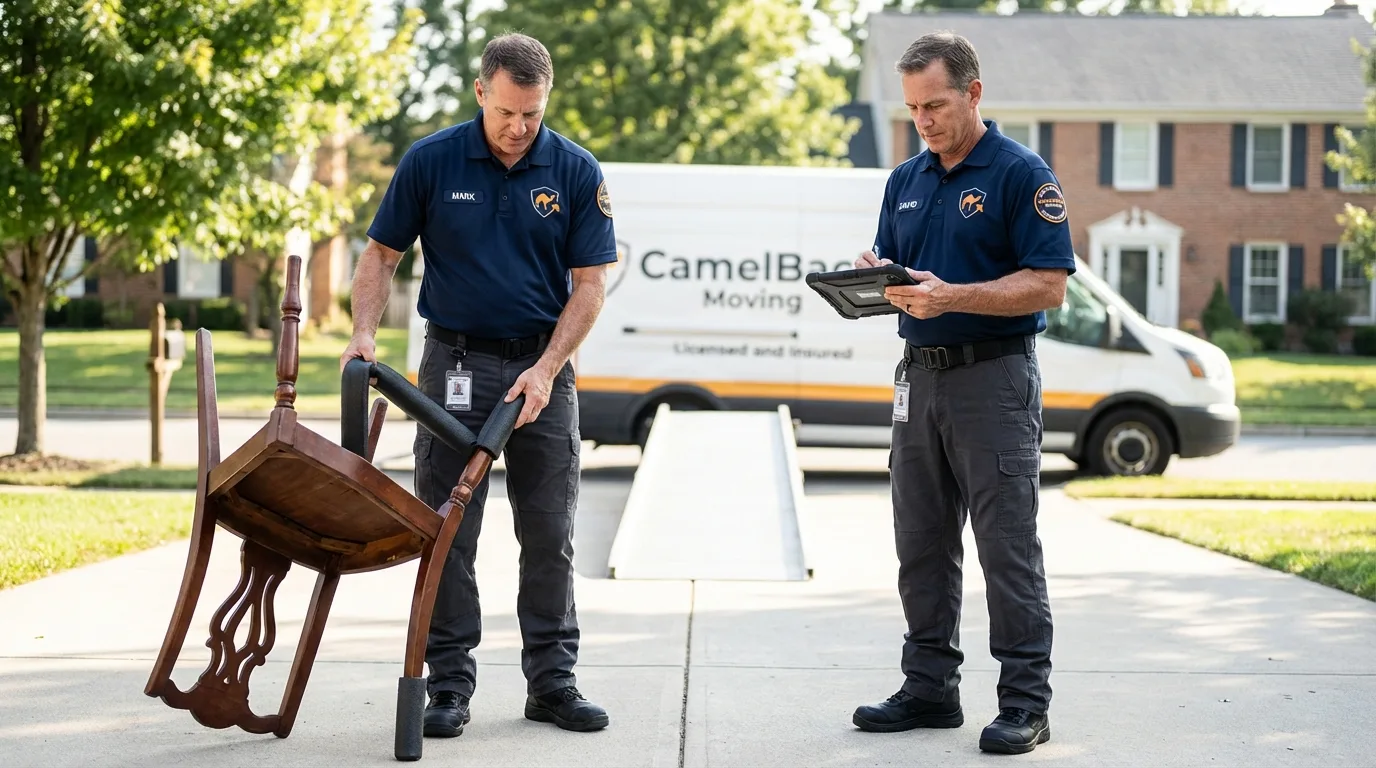 Movers inspecting furniture for damage prevention before loading in Sleepy Eye, MN