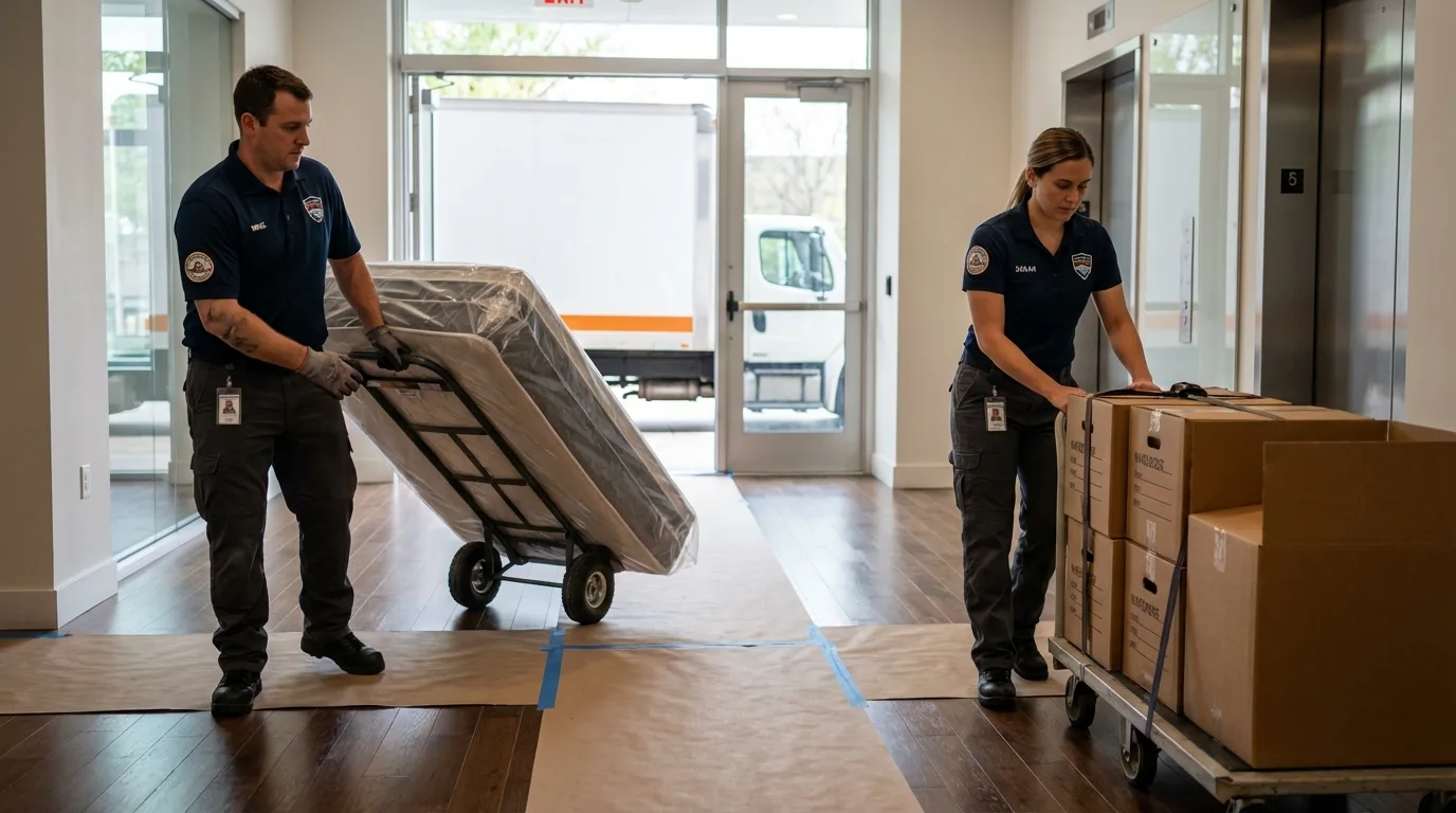 Professional apartment movers loading elevator in Sleepy Eye, MN