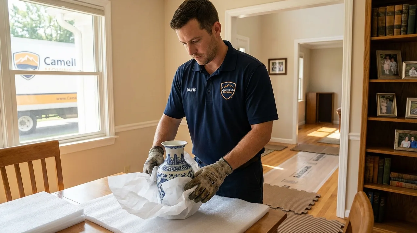 Professional crew carefully wrapping antique vase for senior downsizing move in Sleepy Eye, MN